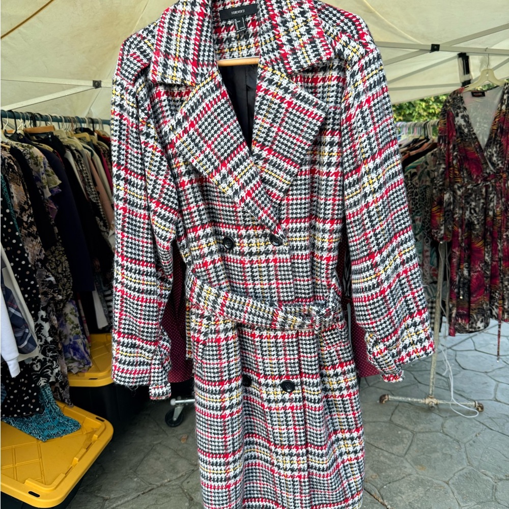 Forever 21 Houndstooth Trench Coat - Black, Red, White